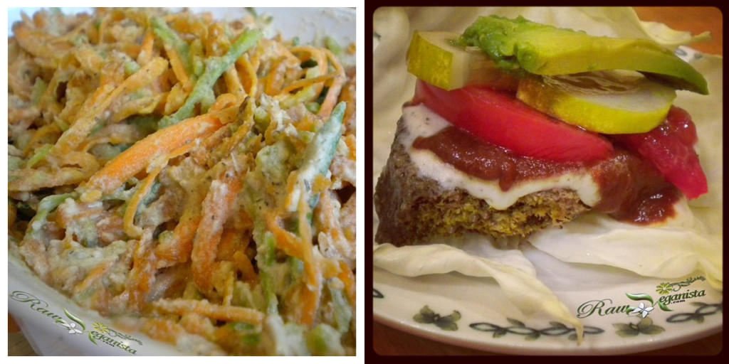         Left: Shredded salad of carrot & broccoli w/sunflower ranch dressing. Right: Raw veggie burger with sunflower ranch, raw ketchup, sliced heirloom tomato, refrigerator pickles, & fresh avocado slices on "bun" of white cabbage.