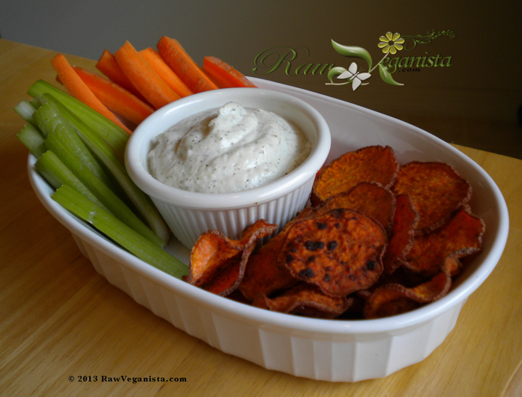 Spicy sweet potato crisps with living sunflower ranch dip & raw veggies