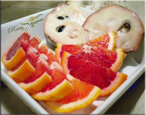 Sliced blood oranges & cherimoyas from Rick's Seasonal Produce in Fallbrook, CA