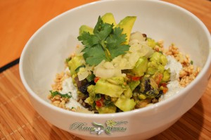 Raw/Vegan Mexican Squash Bowl w/Savoury Fruit, Oat "Rice" & Sour Cream